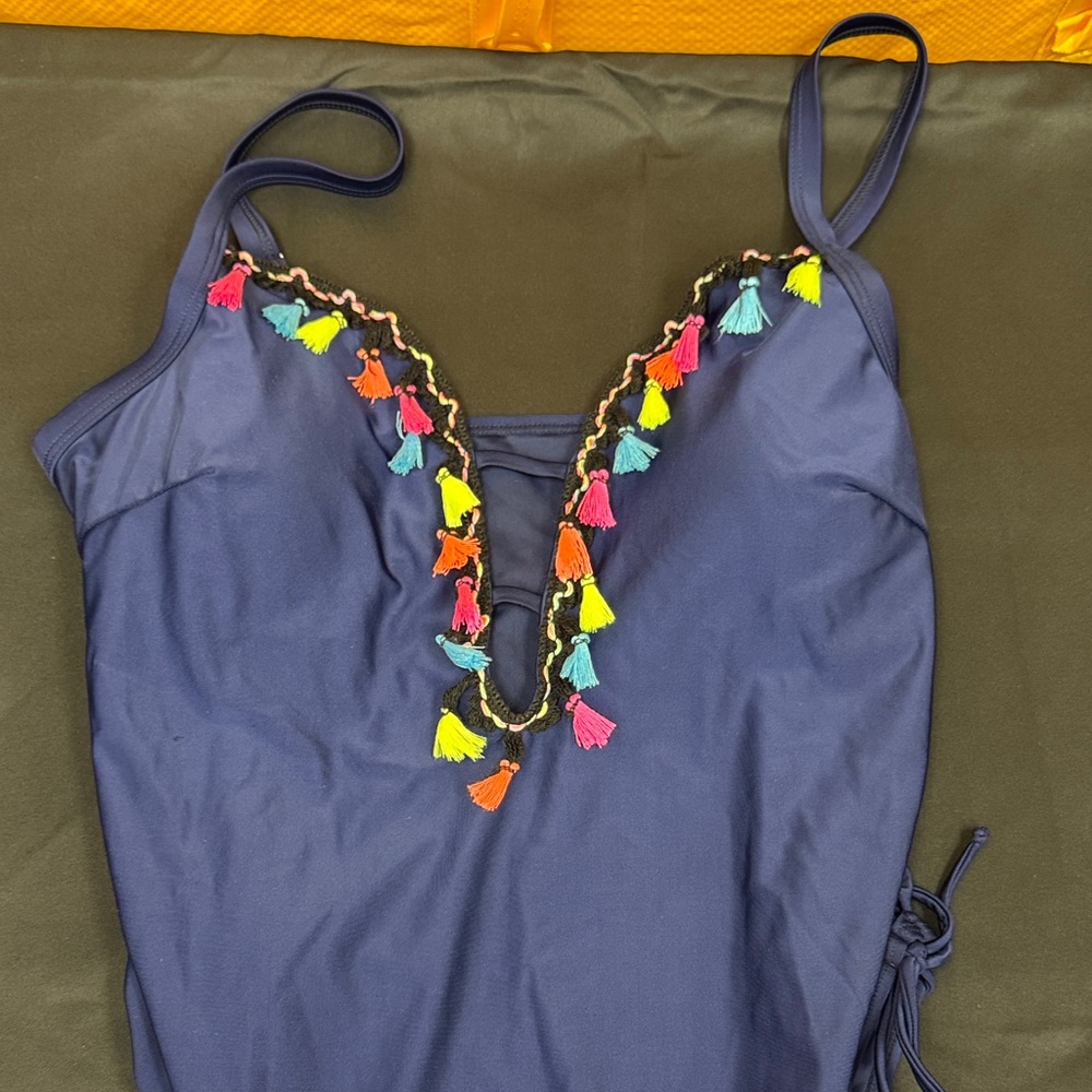 Plus Size Colorful Tassel Navy Swimsuit size 2XL new without tags tie sides adj